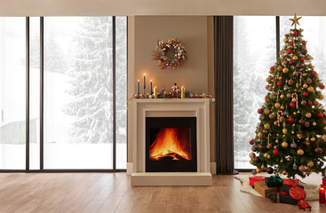 Christmas tree, ornaments, fireplace and interior room style, brick wall background, snowy forest view.