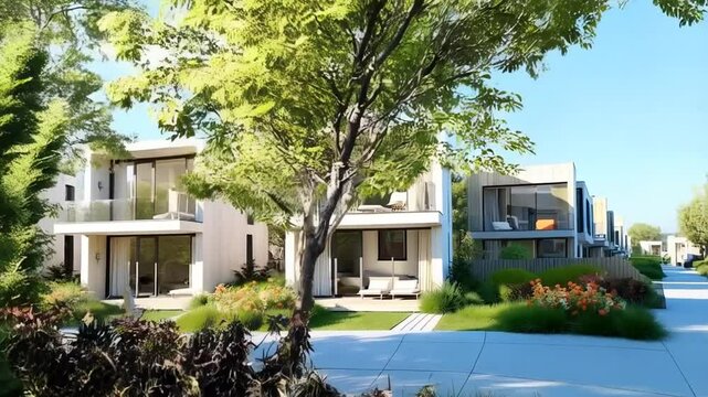 Contemporary modular homes arranged in a linear, minimalist layout with clean aesthetics