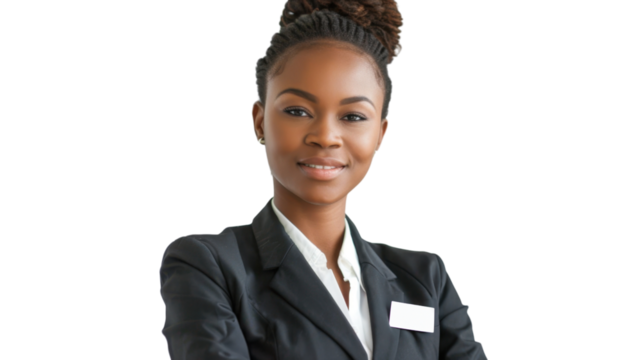American young businesswoman with badge on white background