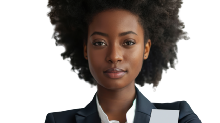 American young businesswoman with badge on white background

