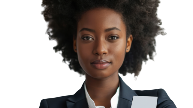 American young businesswoman with badge on white background