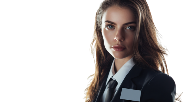 American young businesswoman with badge on white background