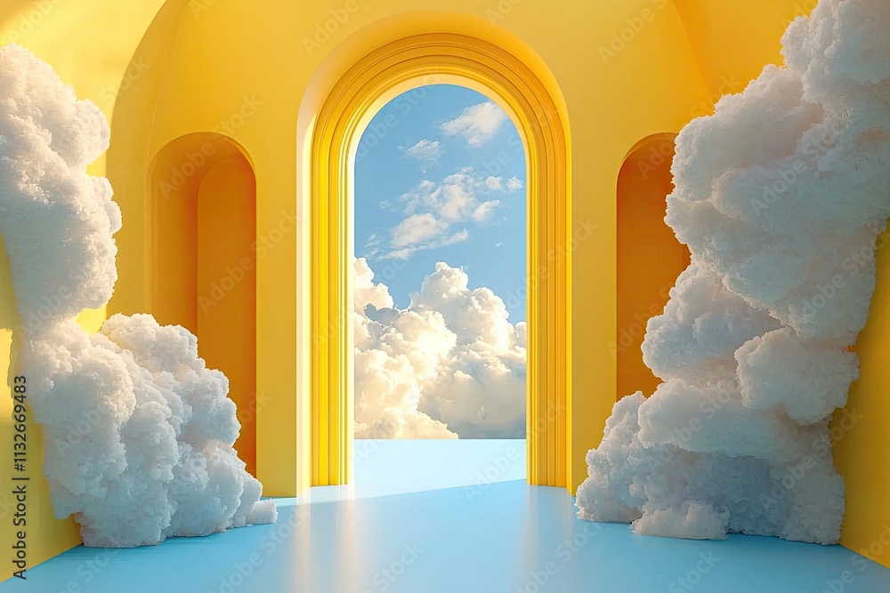 Poster bright yellow interior with clouds and blue archway creating a dreamlike atmosphere for creative con