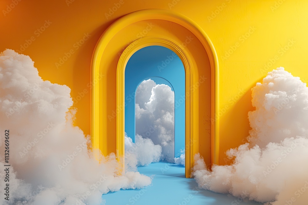 Poster bright yellow interior with clouds and blue archway creating a dreamlike atmosphere for creative con