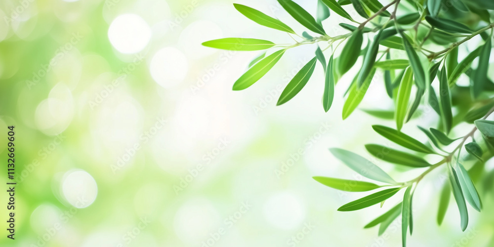 Poster bright green olive leaves background with bokeh and copy space for text