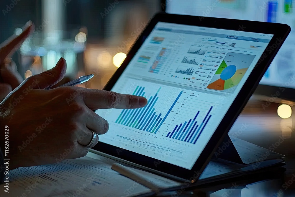 Poster Collaborative Business Meeting In Modern Office With Hands Analyzing Data On Tablet And Paperwork On Table Surrounded By Charts And Notebooks