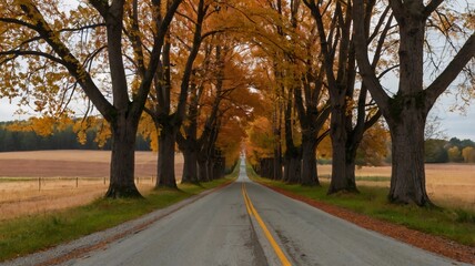 Obraz premium A charming country road lined with trees displaying their autumn colors