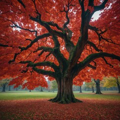 A massive maple tree with vibrant red leaves in a tranquil autumn park.