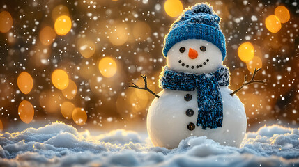 Fototapeta premium A snowman with a blue hat and scarf is standing in the snow. The snowman is smiling and he is happy. The scene is set in a winter landscape, with snow covering the ground and trees in the background