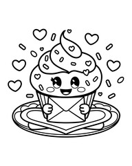 Kawaii Valentine Coloring Page. Smiling Cupcake with Love Letter and Heart Sprinkles