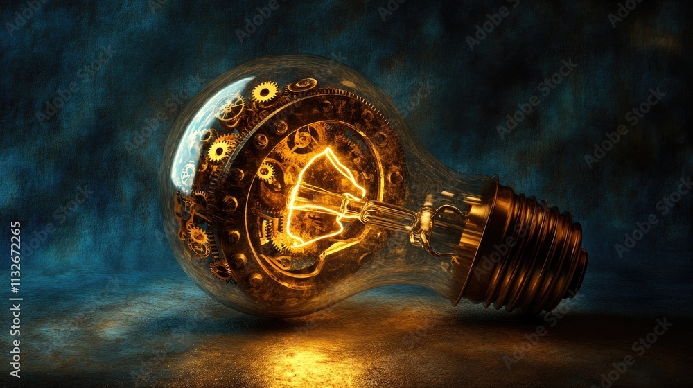 Poster a concept image of a lightbulb with gears and cogs blending seamlessly, glowing softly on a textured