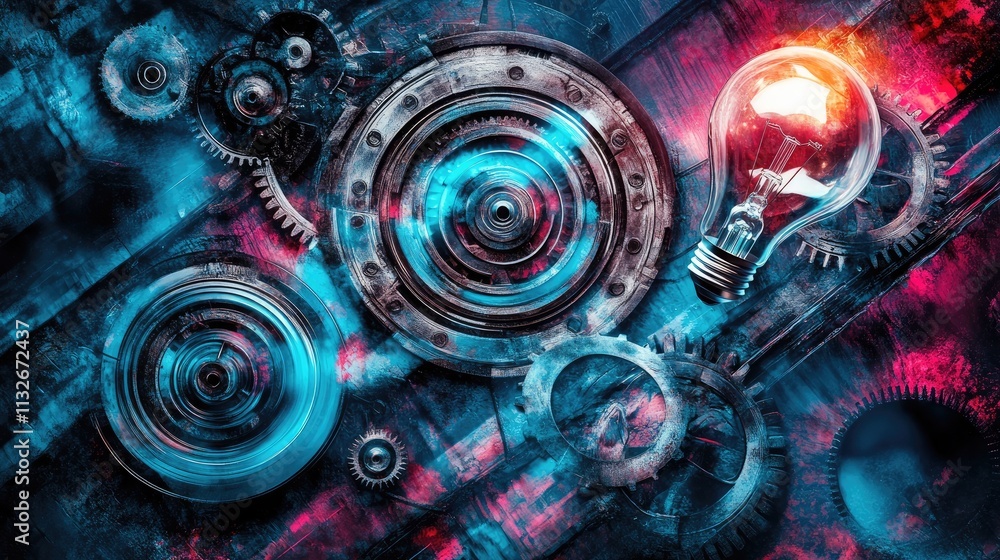 Poster a concept image of a lightbulb with gears and cogs blending seamlessly, glowing softly on a textured