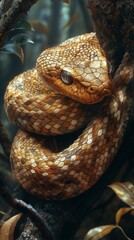 Naklejka premium A snake with shimmering brown scales intricately coiling around tree branches, surrounded by leaves