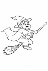 Smiling Sorcerer Riding a Magical Broomstick Coloring Page