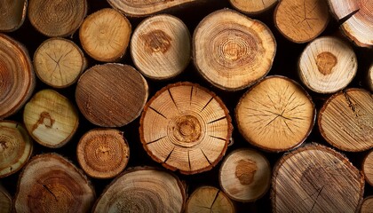 Stack of wooden stumps, tree trunks in cross-section texture wall wallpaper decor background - Wood storage, woods firewood hardwood timber forest long wide panorama banner pattern