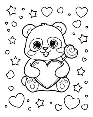 Adorable Kawaii Panda Holding a Heart Lollipop. Valentine’s Coloring Page