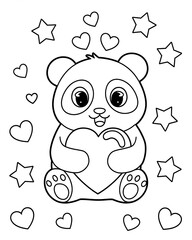 Adorable Kawaii Panda Holding a Heart Lollipop. Valentine’s Coloring Page