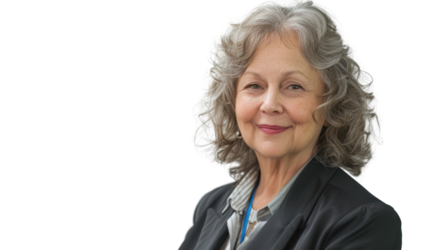American senior businesswoman with badge on white background