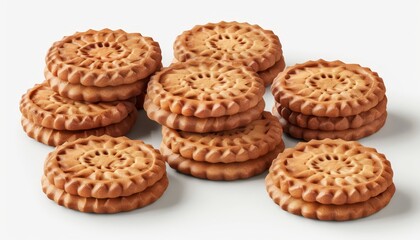 A close-up shot of a pile of round, golden brown cookies with intricate designs.  The cookies are arranged in a random pattern on a white background.
