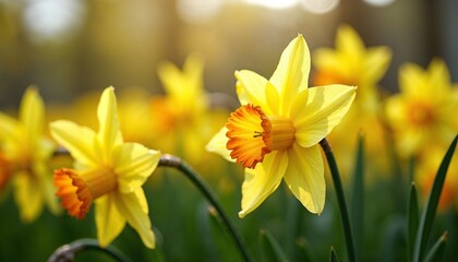 Sunlit yellow daffodils with orange centers in a vibrant garden for spring ambiance