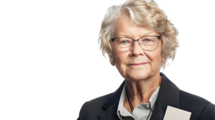American senior businesswoman with badge on white background