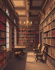 Classical library room with old books on shelves in the victorian style.  illustration, with white tones