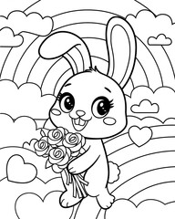 Cheerful Bunny Coloring Page with Roses and Heart Clouds. Kawaii Valentine Coloring