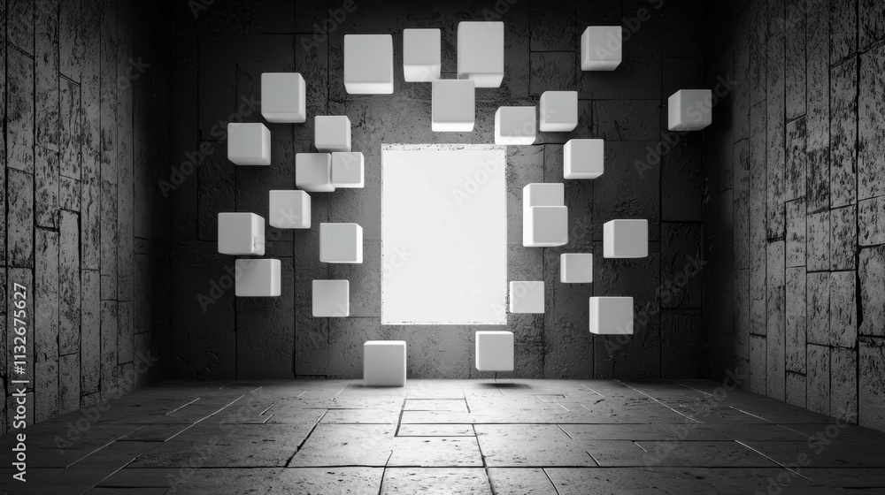 Poster a dark, minimalistic room with floating white cubes and a bright window, creating a contrast between