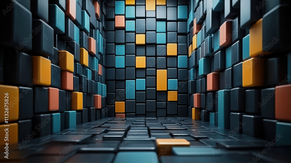 Poster a dynamic 3d environment featuring colorful cubes forming a textured wall, creating a visually strik