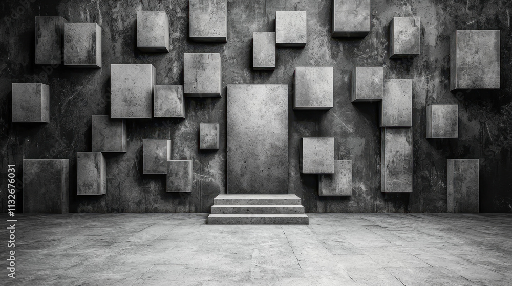 Poster a minimalist, monochrome room with a textured wall, featuring a central door and various floating cu