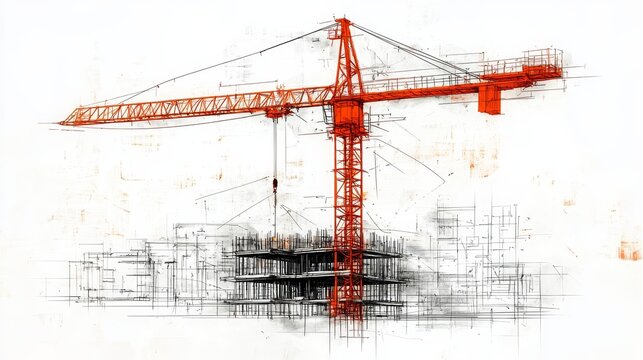 Orange construction crane with building blueprints and steel framework in the background, showcasing the process of modern architecture and urban development