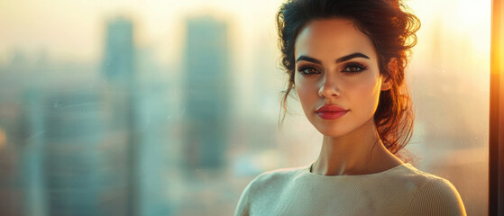 A confident woman gazes thoughtfully out a window, illuminated by sunset tones in a modern cityscape, looking out the window of a high-rise office building, visualizing future possibilities.