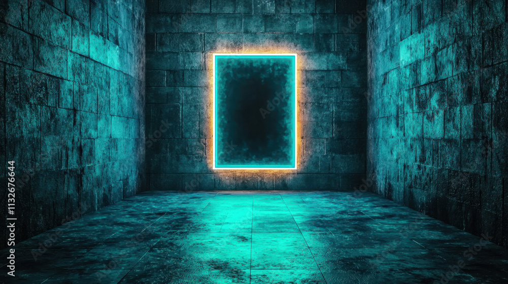Poster a glowing rectangular portal illuminates a dark, textured room, creating a mysterious and surreal at