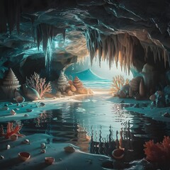 A mystical cave adorned with shimmering water reflecting colorful corals and an assortment of seashells scattered across the sandy floor. Stalactites hang from the cave ceiling, dripping crystal-clear