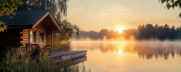 Fototapeta premium Sun rising over a peaceful wooden cabin by a lake, soft mist over the water, tranquil and serene, symbolizing new beginnings