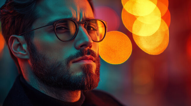 A stylish man with glasses poses confidently against a colorful bokeh background, capturing modern urban vibes.