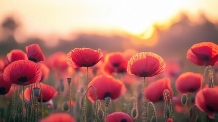 Fototapeta premium Sunrise illuminating vibrant poppies, soft hues of dawn blending with the flowers, peaceful moment of hope and new starts