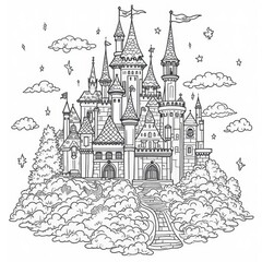 Obraz premium Fantasy Castles Surrounded by Dragons, Clouds, and Stars