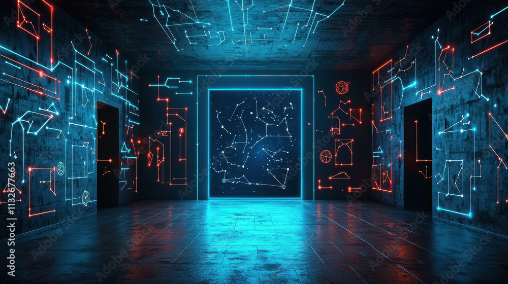 Poster a futuristic digital room featuring glowing blue and red circuit patterns, with two doorways opening