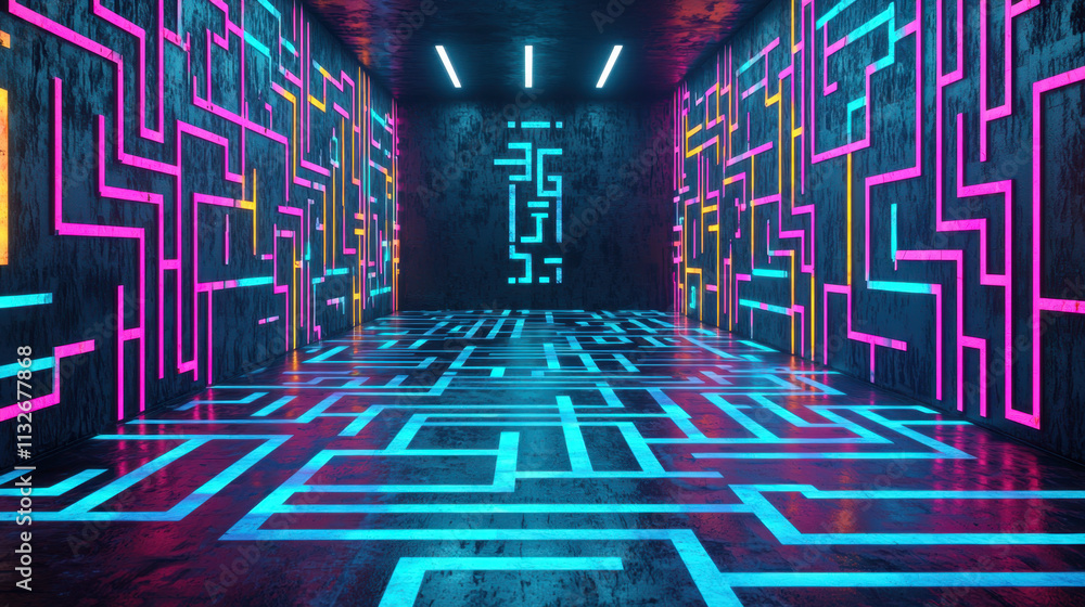 Poster a vibrant, neon-lit corridor with intricate patterns on the walls and floor, creating a futuristic a