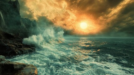 Fototapeta premium Dramatic Ocean Sunset: Waves Crashing Against Rocky Coastline