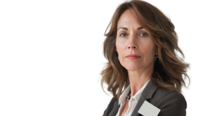 American middle age businesswoman with badge on white background
