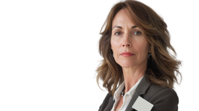 American middle age businesswoman with badge on white background