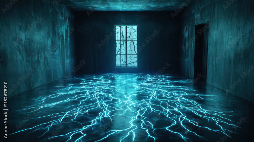 Poster a dimly lit room with a window and electric blue lightning patterns illuminating the floor, creating