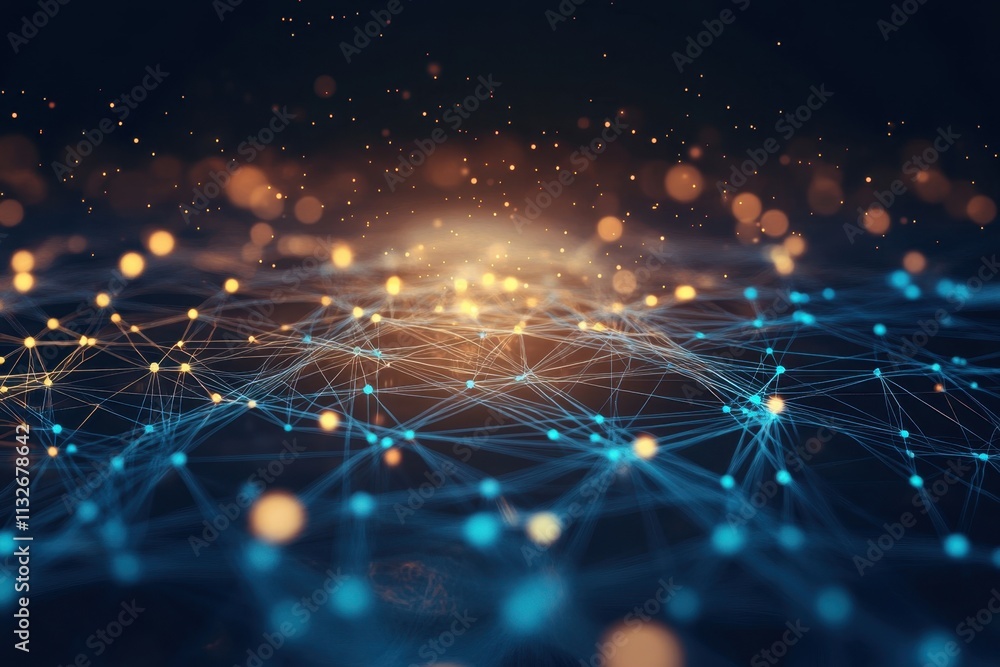 Poster visual representation of interconnected network nodes with glowing lights in a dark background