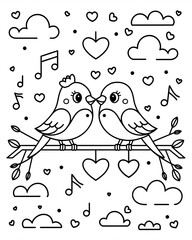 Kawaii Valentine Coloring Page. Lovebirds with Heart Clouds and Musical Notes