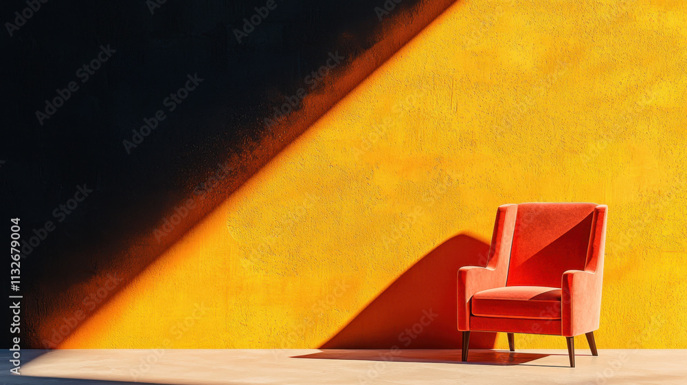 Wall mural A vibrant red chair casts a shadow against a bold yellow wall, creating a striking contrast and modern aesthetic.