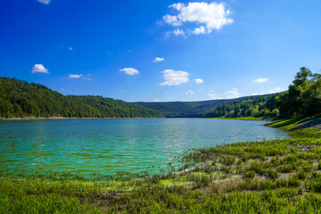 View of the Edersee and the surrounding nature at the lake. Landscape in the Edertal near Harbshausen.
