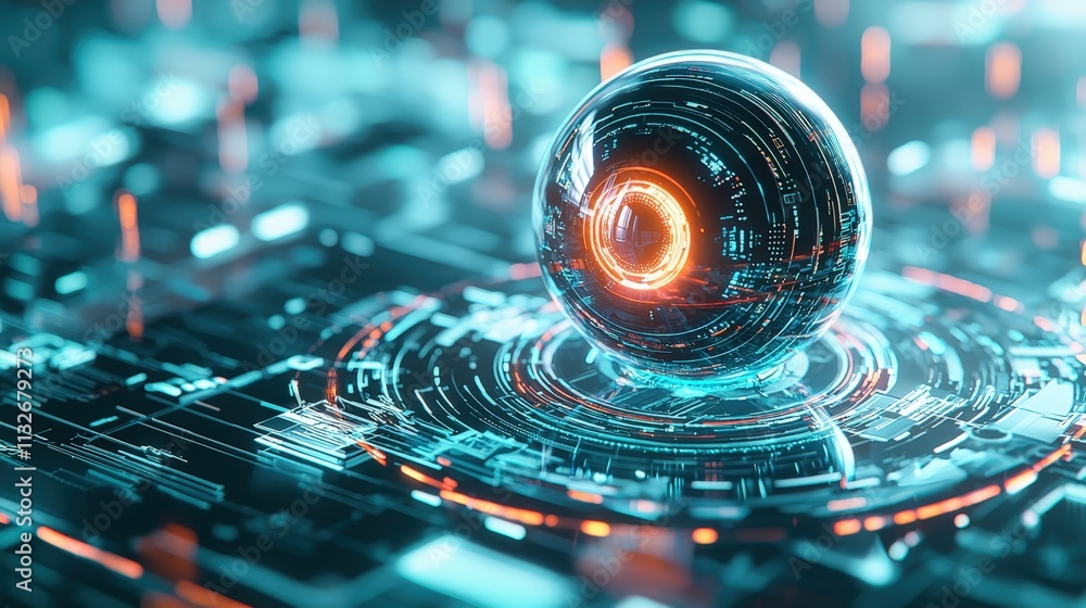 Poster an ai eye symbol scanning multiple digital files on a holographic screen.
