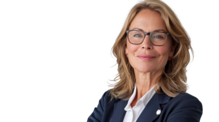American middle age businesswoman with badge on white background
